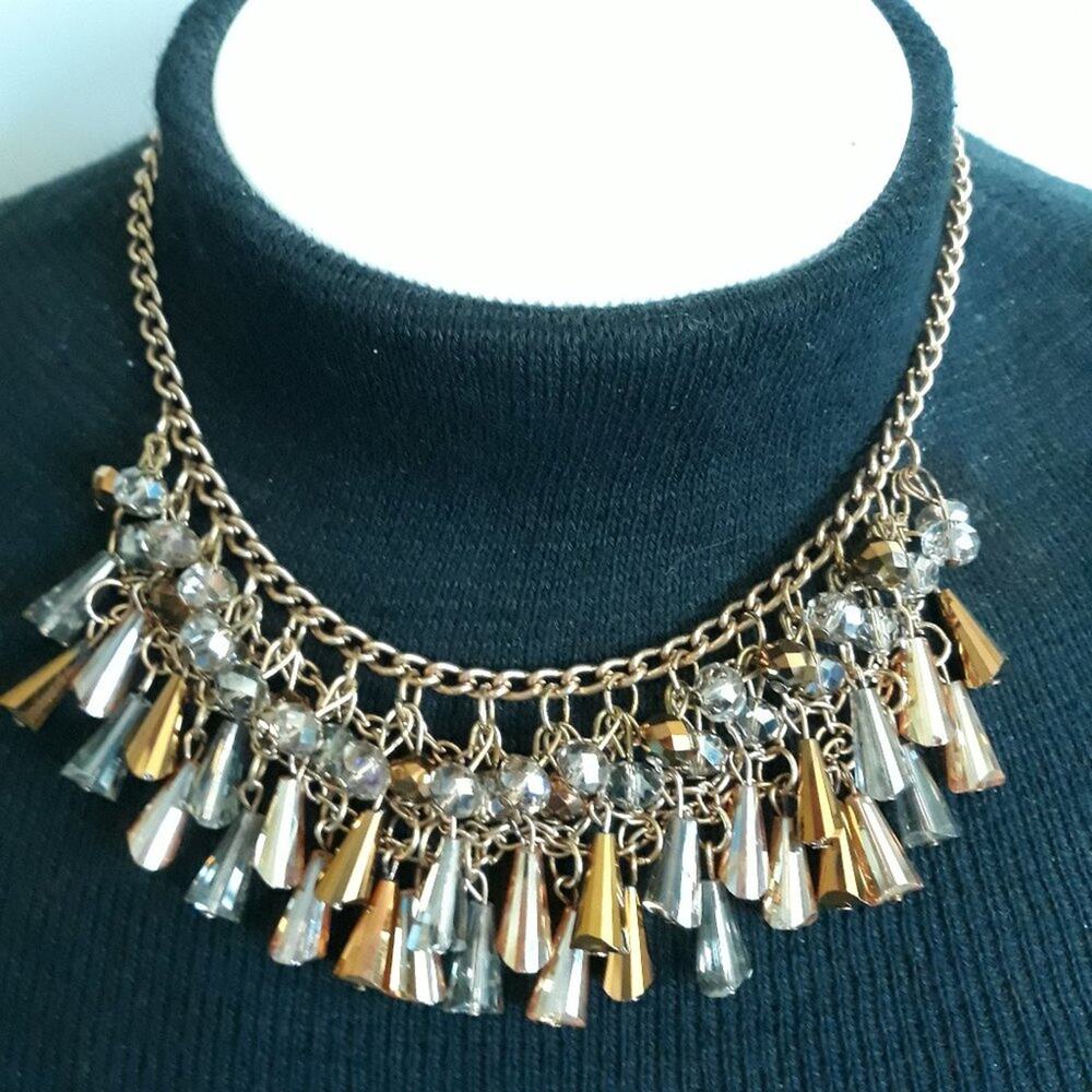 Bib Necklace 3 Rows of Gold Amber Clear Charms 16"